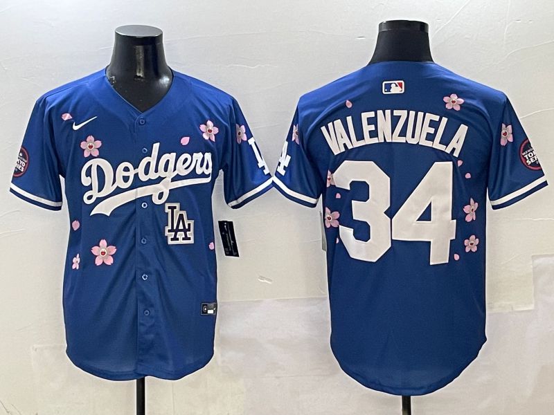 Men Los Angeles Dodgers #34 Valenzuela Blue Sakura Edition 2025 Nike MLB Jersey style 9